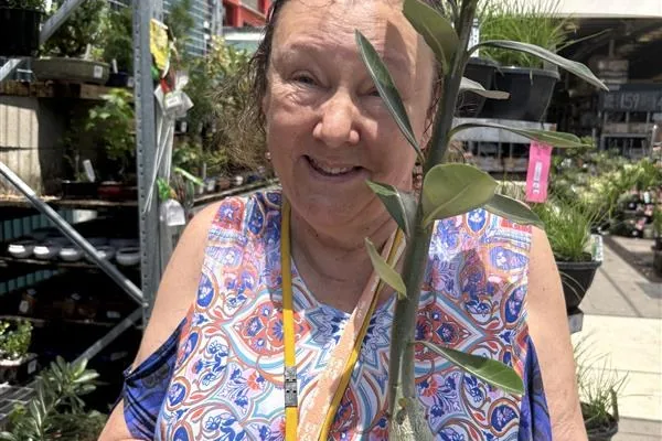 A participant holding a potted plant at a garden nursery